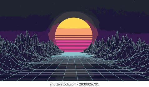 Retro 80s synthwave digital landscape featuring neon blue wireframe mountains and a grid floor perspective under a large glowing sun with horizontal stripes and starry night sky.