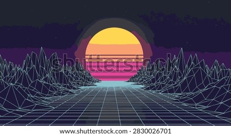 Retro 80s synthwave digital landscape featuring neon blue wireframe mountains and a grid floor perspective under a large glowing sun with horizontal stripes and starry night sky.