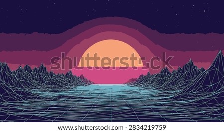 Retro 80s synthwave landscape with neon cyan wireframe grid mountains, large orange glowing sun with horizontal lines, and starry purple sky for futuristic alien planet background.