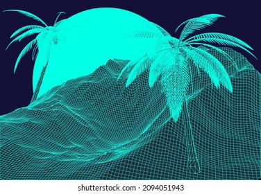 Retro 80s synthwave styled 3D landscape with green laser grid mountains and palm trees. Vector illustration.