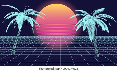 Retro 80s Synthwave Styled 3D Landscape With Perspective Laser Grid, Palm Trees And Sun. Vector Illustration.