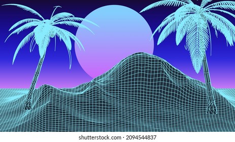 Retro 80s synthwave styled 3D landscape with perspective laser grid, palm trees and sun. Vector illustration.