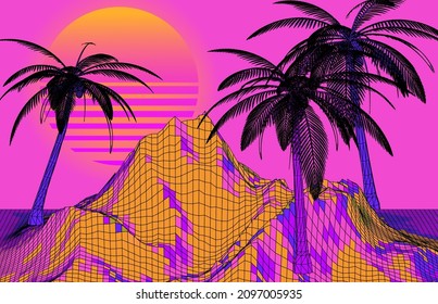 Retro 80s synthwave styled 3D landscape with distorted laser grid, palm trees and sun. Vector illustration.