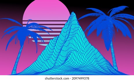 Retro 80s synthwave styled 3D landscape with distorted laser grid, palm trees and sun. Vector illustration.