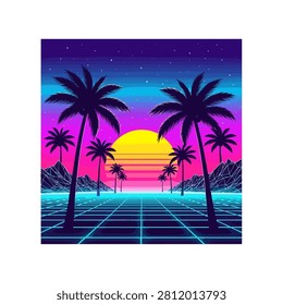 Retro 80s Synthwave Sunset Landscape with Palm Trees and Grid