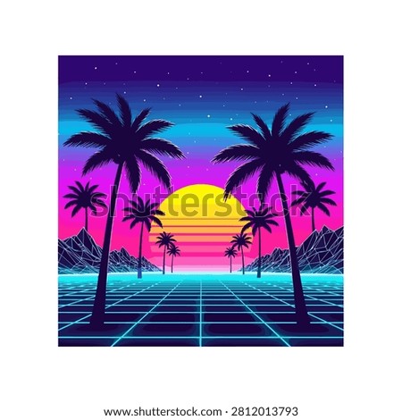 Retro 80s Synthwave Sunset Landscape with Palm Trees and Grid