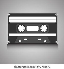 Retro 80s vector black audio cassette on gradient background. 1980 style.