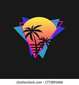 Retro 80's Vector Illustration for T-shirt with Palms and Sunset