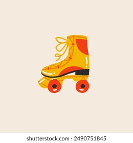 Retro 80s yellow cartoon trendy old roller skate..Hand drawn retro vintage style Icons. 1990s ,1880s symbol Vector illustration. Modern abstract retro classic elements prints.