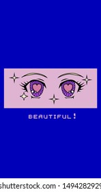 Retro 80s-90s cartoon anime eyes of girl character, japanese manga kawaii style. Vaporwave aesthetics vector illustration for fashion print, poster, cover ect.