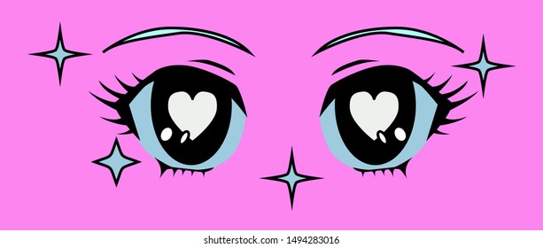 Retro 80s-90s cartoon anime eyes of girl character, japanese manga kawaii style. Vaporwave aesthetics vector illustration for fashion print, poster, cover ect.