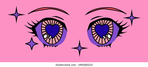 Retro 80s-90s cartoon anime eyes of girl character, japanese manga kawaii style. Vaporwave aesthetics vector illustration for fashion print, poster, cover ect.