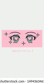 Retro 80s-90s cartoon anime eyes of girl character, japanese manga kawaii style. Vaporwave aesthetics vector illustration for fashion print, poster, cover ect.