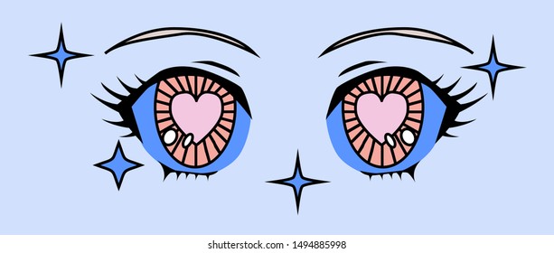 Retro 80s-90s cartoon anime eyes of girl character, japanese manga kawaii style. Vaporwave aesthetics vector illustration for fashion print, poster, cover ect.