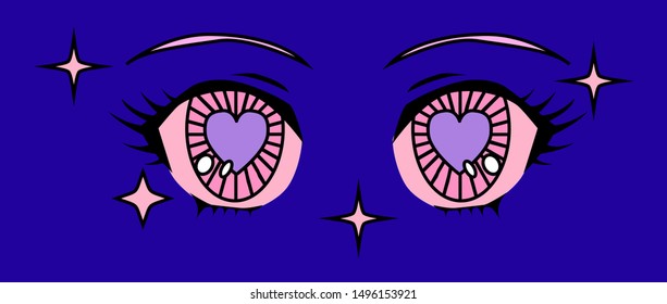 Retro 80s-90s cartoon anime eyes of girl character, japanese manga kawaii style. Vaporwave aesthetics vector illustration for fashion print, poster, cover ect.