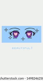 Retro 80s-90s cartoon anime eyes of girl character, manga j-pop kawaii style. Vaporwave aesthetics vector illustration for fashion print, poster, cover ect. 