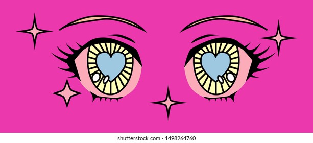 Retro 80s-90s cartoon anime eyes of girl character, japanese manga kawaii style. Vaporwave aesthetics vector illustration for fashion print, poster, cover ect.