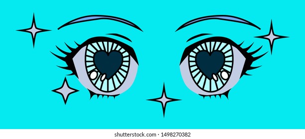 Retro 80s-90s cartoon anime eyes of girl character, japanese manga kawaii style. Vaporwave aesthetics vector illustration for fashion print, poster, cover ect.