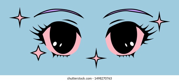 Retro 80s-90s cartoon anime eyes of girl character, japanese manga j-pop kawaii style. Vaporwave aesthetics vector illustration for fashion print, poster, cover ect. 