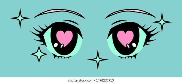 Retro 80s-90s cartoon anime eyes of girl character, japanese manga j-pop kawaii style. Vaporwave aesthetics vector illustration for fashion print, poster, cover ect.