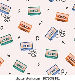 Retro 80s-90s music cassette pattern. Vector seamless pattern of vintage music mix audio cassette. Audio tape isolated vector  pattern. Perfect for wallpaper, postcard, print, poster, packaging etc.