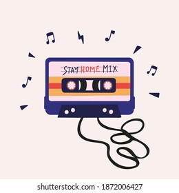 Retro 80s-90s music cassette. Vector illustration of vintage music mix audio cassette. Stay Home Mixtape. Audio tape isolated vector illustration. 