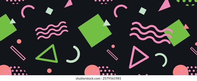 Retro 80s-style background with black background, featuring green and pink geometric shapes, creating a vibrant, playful texture. Fun memphis pattern background. Black background vector.