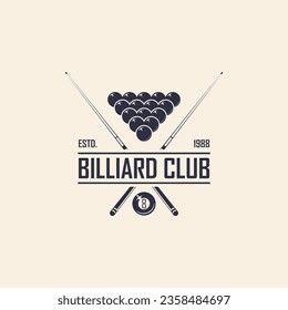 Retro 8-ball and cue design with crown and banner accents. Perfect for poolroom branding or t-shirt prints.