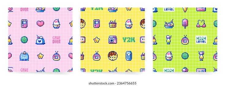 Retro 8Bit Aesthetic. Seamless Pixel Art Pattern inspired by Y2K, 70s-90s Video Games. Old-School Arcade Design in Vector Format for Kids and Nostalgia Lovers. Colorful and Abstract Gamer Backgrounds.