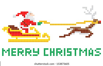 Retro 8-bit arcade video game style pixel art Christmas Santa Claus in sleigh with Merry Xmas message