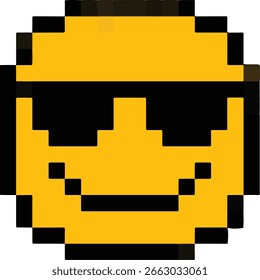 Retro 8-bit cool face icon pixel style vector. emoji with black glasses 