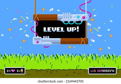 Retro 8bit game background in pixel art design. Banner with phrase level up. Vector illustration, game design concept.