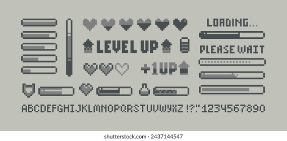 Retro 8-bit game loading progress bar pixel elements set with health scale hearts. Retro video game design. Level Up sign with health loading scale, energy. Arcade video game elements (vector)