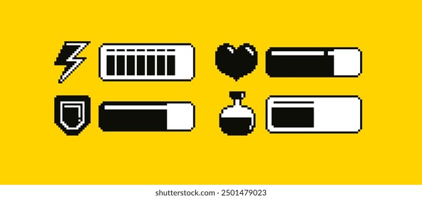 Retro 8-bit game loading progress bar pixel elements set with health scale hearts. Retro video game design  with health loading scale, energy. Arcade video game inerface elements ( editable vector )