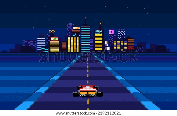 Retro 8-bit game Race Arcade style Pixel art vector\
illustration.\
Pixel synthwave graphics with night city background\
and racing car on the\
road