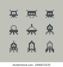 Retro 8-Bit Game space arcade pixel Icons. Simple space pixel icons and symbols. Funny UFO aliens and robots in 8-bit retro game style. Vector pixel graphics illustration in vintage style