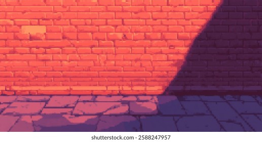 Retro 8bit pixel art brick wall with shadow for game background design