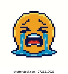 Retro 8-Bit Pixel Art Emoji de cara llorosa con lágrimas y expresión triste