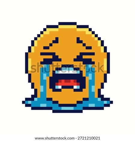 Retro 8-Bit Pixel Art Crying Face Emoji with Tears and Sad Expression