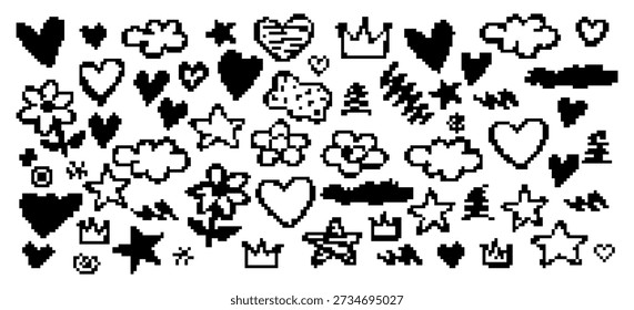 Retro 8-bit pixel art icon set featuring hearts, stars, clouds, and flowers in black and white. Ideal for nostalgic y2k graphic design projects.