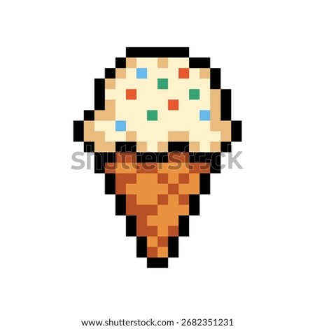 Retro 8-bit pixel art icon of an ice cream cone with scoop and sprinkles, perfect for retro game assets and design.