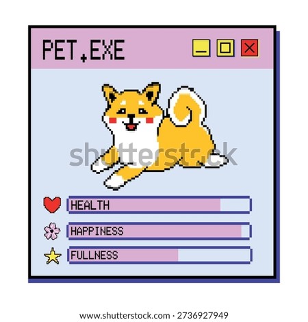 Retro 8-bit pixel art illustration of a virtual pet shiba inu dog in a computer window. Status bars for health, happiness, and fullness.