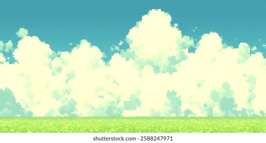 Retro 8-bit pixel art landscape with clouds and grass background for game design