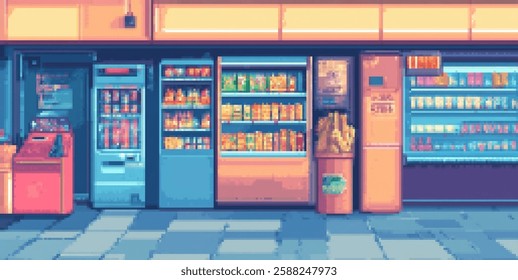Retro 8-bit pixel art scene of vending machine and storefront for game design