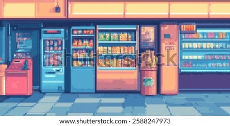 Retro 8-bit pixel art scene of vending machine and storefront for game design