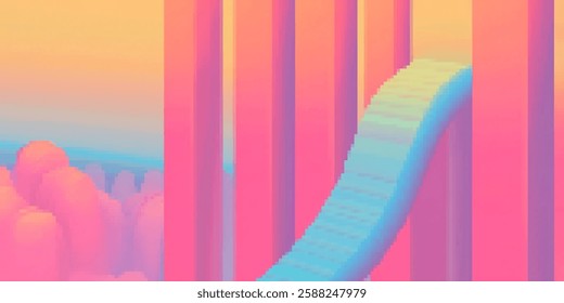 Retro 8-bit pixel art stairway to dreamscape pastel sky - perfect for game design and poster inspiration