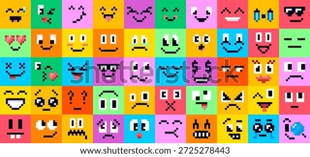 Retro 8bit pixel emoji character faces vector pack. Pixelated square emoticons with happy, sad and surprised, angry, cry or funny, smile, anger expressions. Collage of colorful square faces emotions