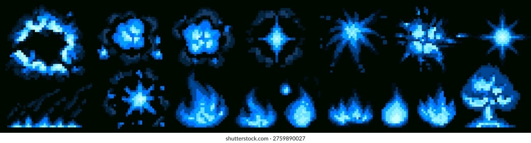 Retro 8-bit pixel explosion with vibrant blue fire effect isolated on black bg. Vector illustrations of classic arcade game design, vintage computer animation, nostalgic video game blast icons.