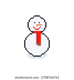 Retro 8-bit pixel snowman character in vintage game style. Festive pixel graphics perfect for gaming projects and seasonal winter designs.