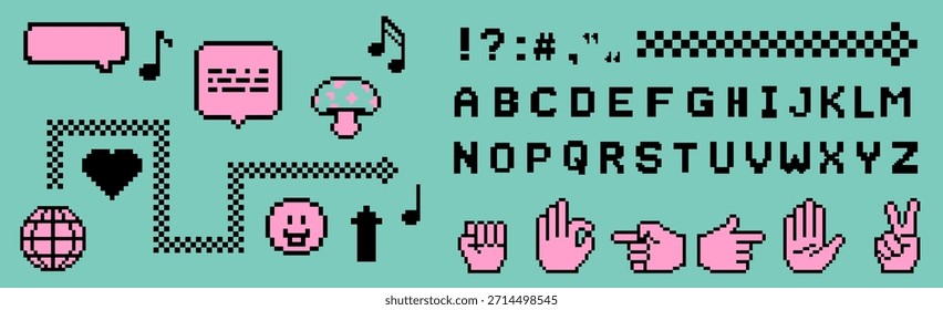 Retro 8-bit pixel-art vector collection of digital icons, a full alphabet, and expressive hand gestures on a mint background. Elements set in Y2K nostalgic style.